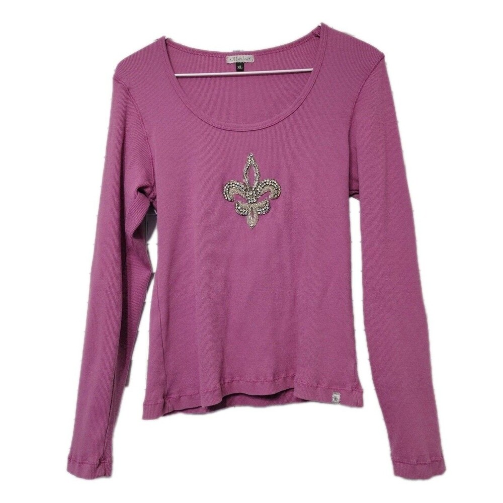 Marabou Sz XL Embellished Fleur-De-Lis Long Sleeve Ribbed Shirt Rose Color Jewel